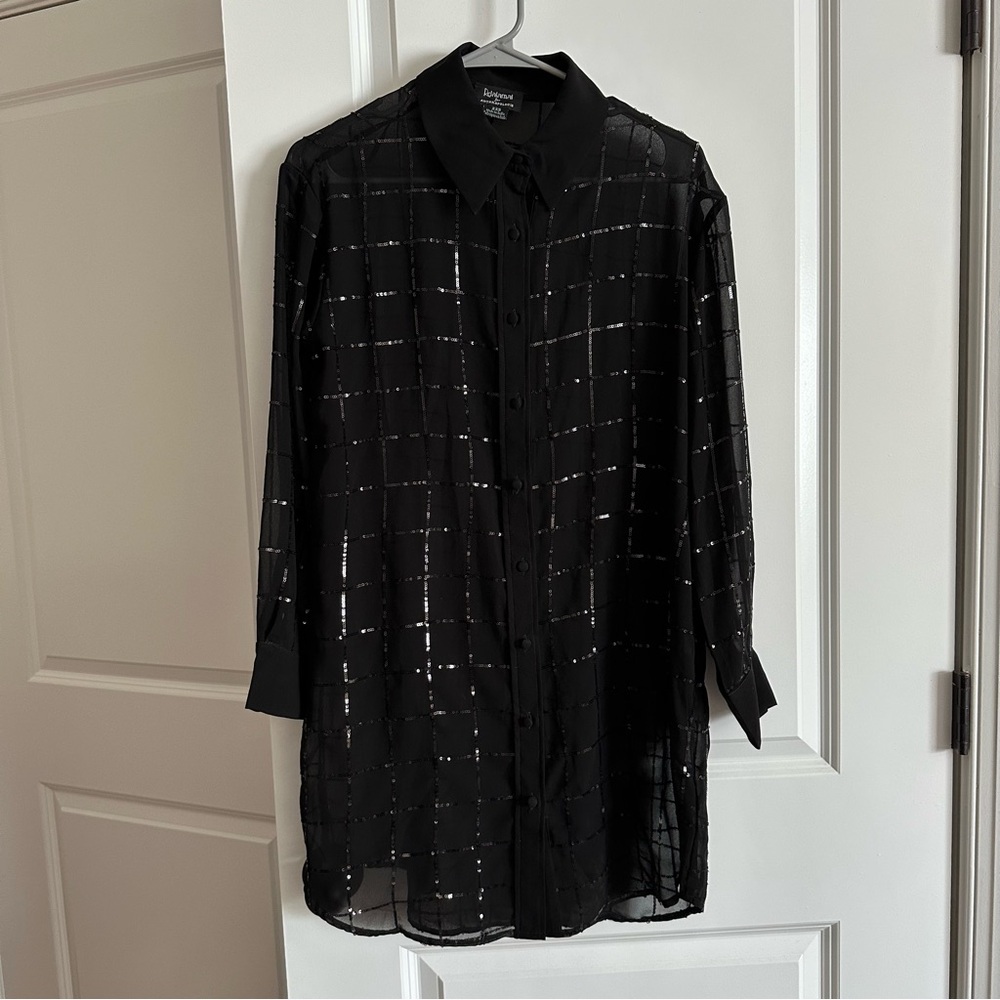Anthropologie Black Sheer Window Pane Oversized Button Up Tunic Size XXS